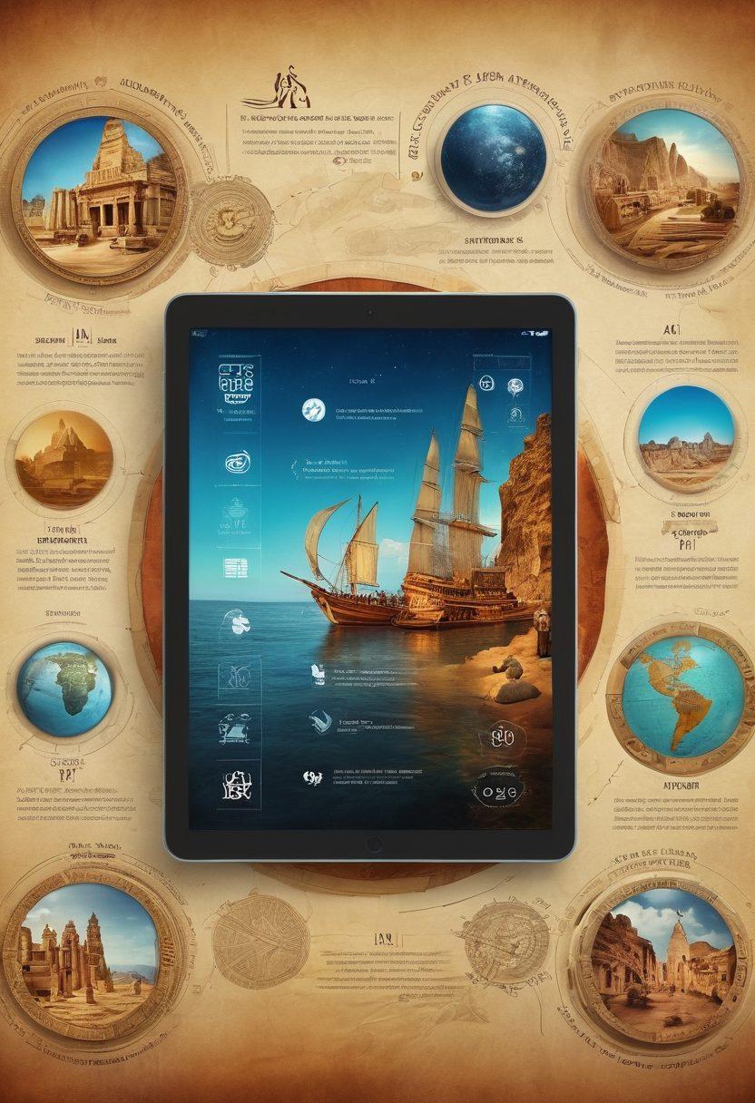 A visually dynamic timeline stretching from ancient civilizations to modern events, showcasing interactive tools like tablets and holograms. Incorporate vibrant icons representing historical milestones, blending a collage of textures from parchment to digital screens. Illustrate diverse people using these tools, engaging in discussions about history. The background transitions from warm earth tones to cool tech-inspired blues, symbolizing the journey through time. super-realistic. vibrant colors. 3D.