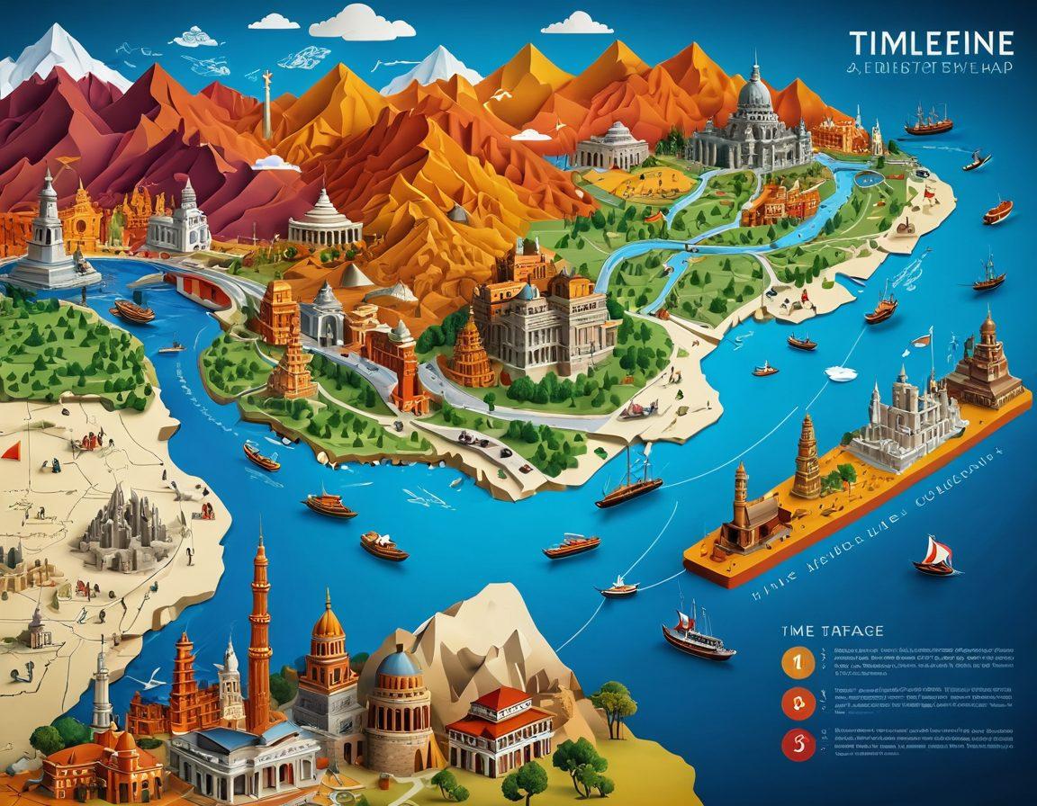 An intricate timeline map featuring historical landmarks, intertwined with vibrant illustrations of time-related events, showcasing different eras through layered visuals. Incorporate diverse cultural symbols and artifacts, highlighting the evolution of heritage over time with a dynamic feel. Use a rich color palette to emphasize depth and visual storytelling. super-realistic. vibrant colors. 3D.