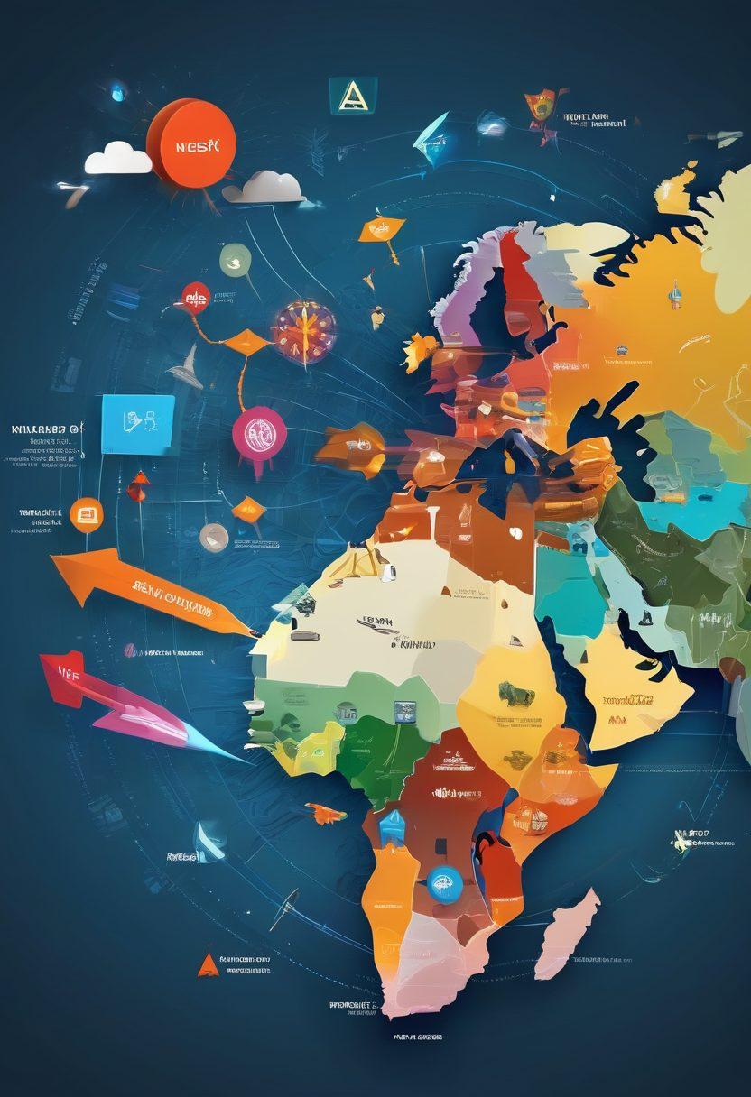 A visually striking abstract timeline showcasing key historical events, interconnected with vibrant animated elements like arrows and icons representing different eras. Include diverse characters engaging with the timeline, illustrating participation and interaction, with a background of a digitally rendered map of the world. The colors should be bold and dynamic, emphasizing the theme of exploration and discovery. vector art. vibrant colors. 3D.
